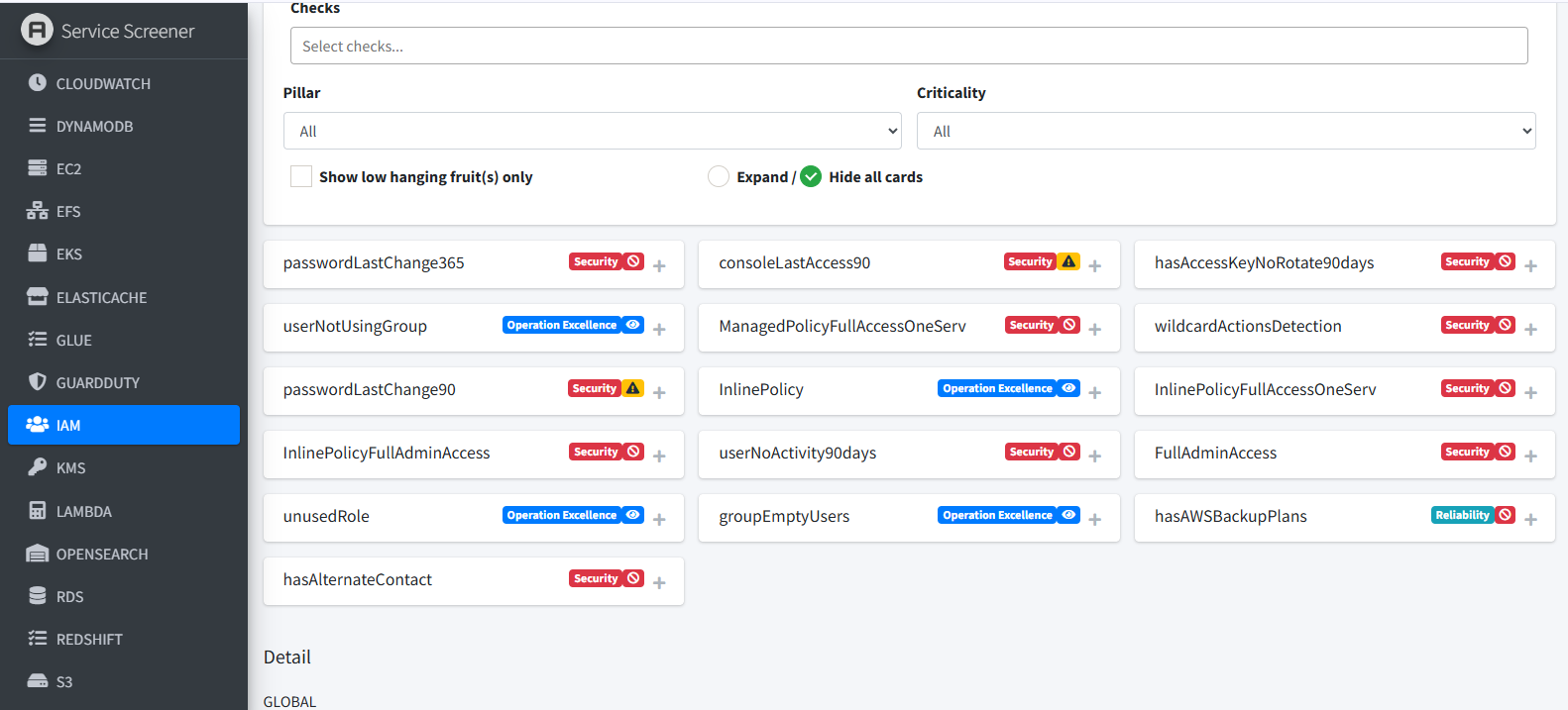 Service Screener IAM findings — individual checks labelled by pillar and severity